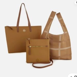 NEW - Joy Mangano 3-Piece Leather Tote, Crossbody and Reusable Bag Set
